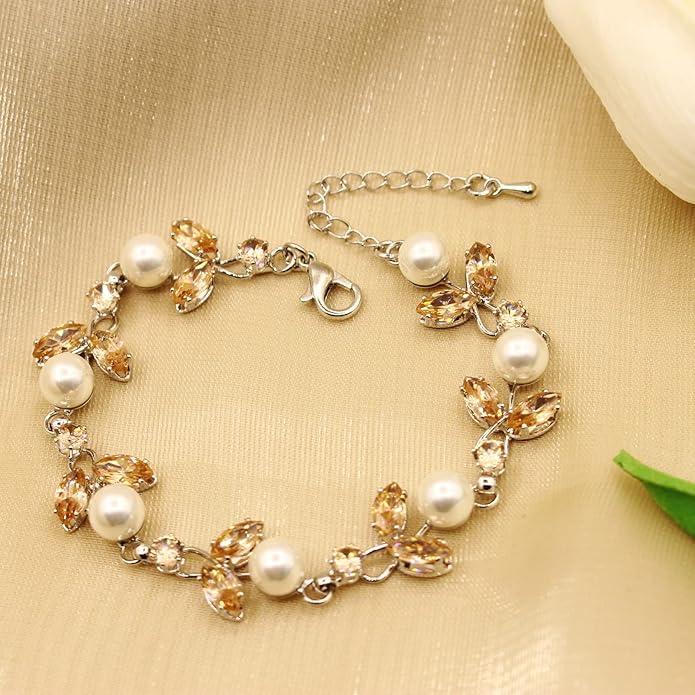 Luxury Cubic Zirconia Aurtrian Crystal Pearl Floral Necklace Dangle Earrings Wedding Bridal Jewelry Set Birthday Gifts for Her