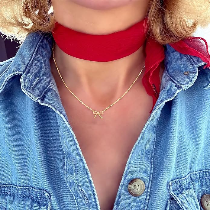 Gold Necklace for Women Dainty Bow Necklace 14K Gold Plated Cute Choker Necklace Small Bow Pendant Charm Necklaces Teen Gift Trendy Stuff Personalized Jewelry Gifts