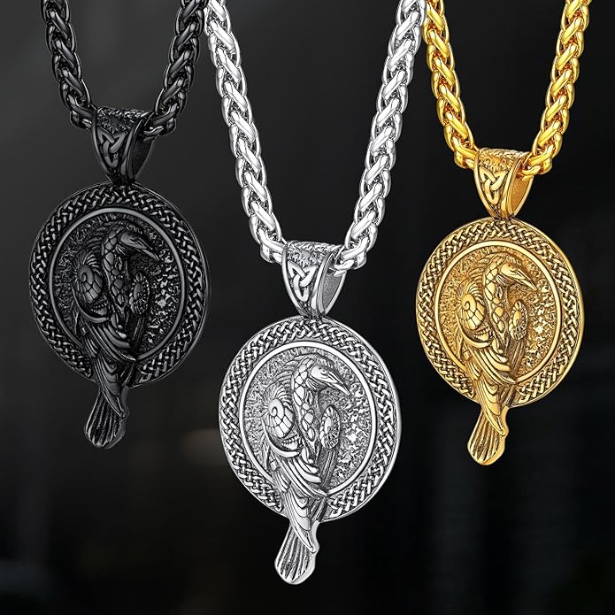 FaithHeart Viking Raven Necklace for Men, Norse Mythology Raven Skull Pendant Sturdy Stainless Steel Amulet Jewelry Gift for Men