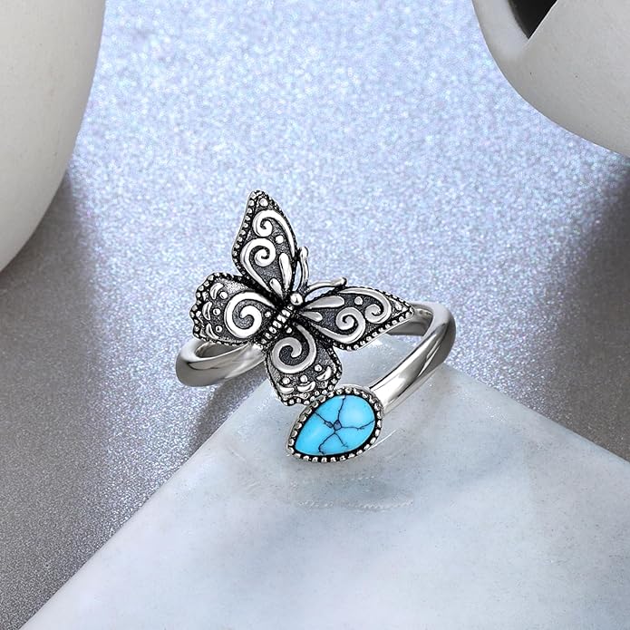 S925-Sterling-Silver Abalone Dragonfly-Turquoise Spoon Ring - Vintage Boho Sunflower Thumb Oxidized Wrap Rings Victorian Style Antique Floral Jewelry Gifts for Women