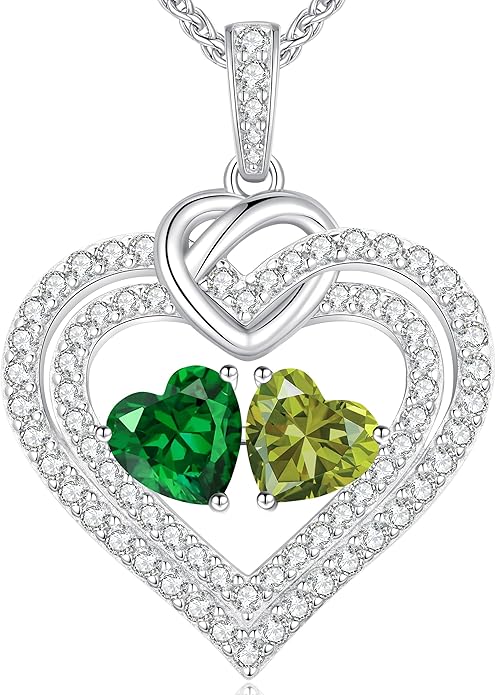 LOUISA SECRET Sparkling Double Heart Birthstone Necklaces for Women, 925 Sterling Silver Fine Jewelry, Pendant Heart Necklaces Birthday Anniversary Christmas Gift for Women Wife Mom Girlfriend Lady