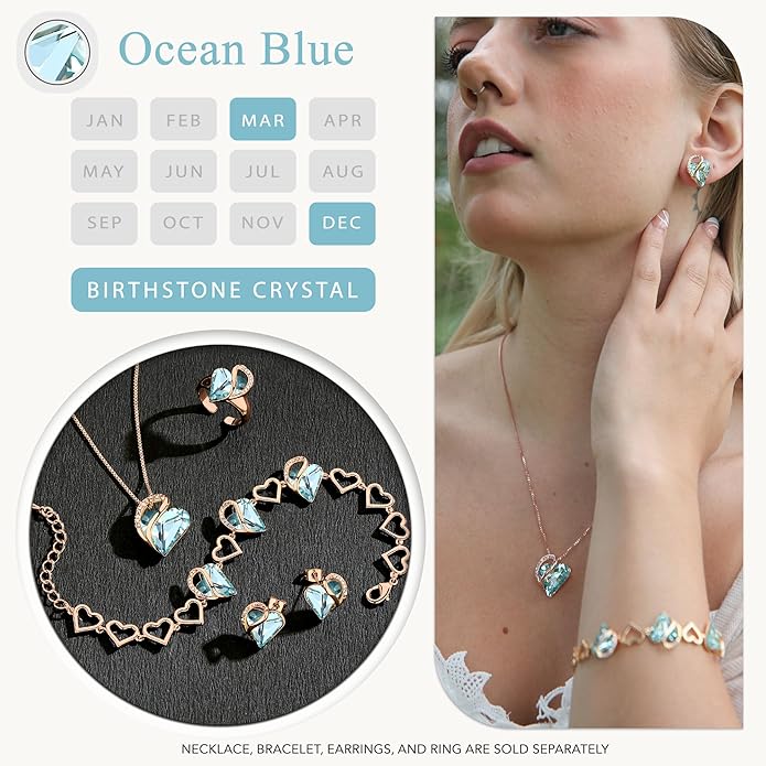 Leafael Rose Gold Plated Necklace for Women: Heart Shaped Birthstone/Healing Crystals Center, Dazzling Cubic Zirconia, Hypoallergenic Chain (18"+2"), Jewelry Gifts for Anniversaries and Birthdays