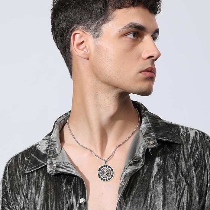LES OSEWA Compass Necklace for Men Sterling Silver Compass Pendant Masonic Viking Necklace Travel Amulet Necklace Inspirational Graduation Jewelry Gifts for Women