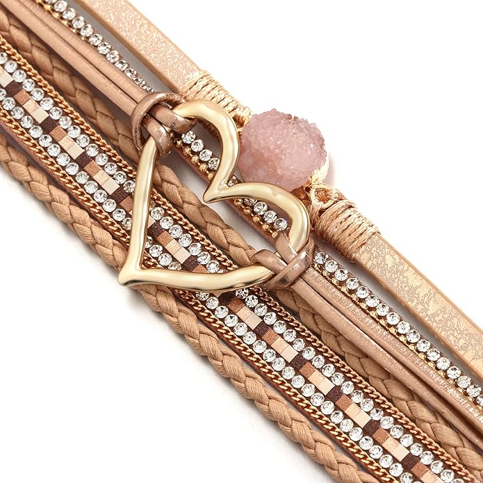 Leather Wrap Bracelet for Women Beaded Cuff Bracelet with Heart-shape Decor Bohemian Crystal Bracelet Jewelry with Clasp Bangle Bracelet for Women Girls Birthday Holiday Gift