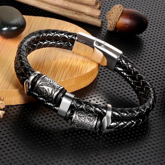 Viking Leather Bracelet For Men Balck Cool Handmade Stackable Jewelry, Faith and Courage Bangle Bracelets