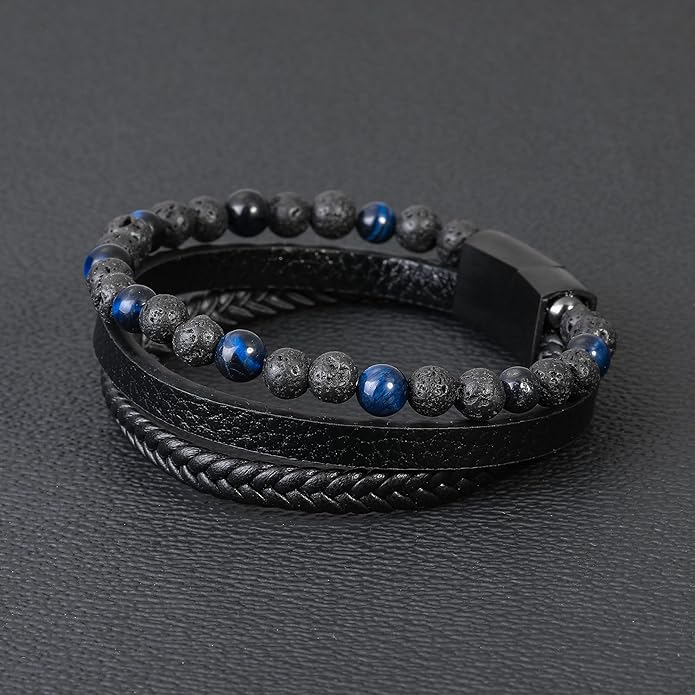 Gifts for Men - Layered Leather Beads Bracelet, Tiger Eye Lava Rock Stone Braided Leather Bracelets for Men Adjustable Magnetic Clasp Birthday Gifts