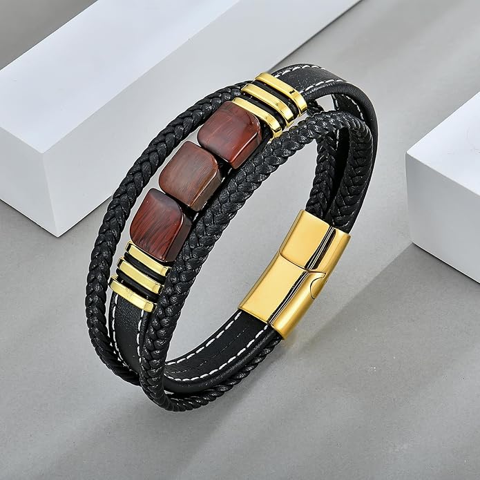 STARCHENIE Multi Strand Bracelet for Men Square Authentic Tiger Eye Black Braided Leather Mens Bracelet and Stainless Steel Buckle