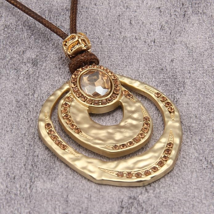 Long Boho Necklaces for Women Vintage Leather Wooden Pendant Y Choker Ethnic Style Gold Circle Hippie Sweater Necklace