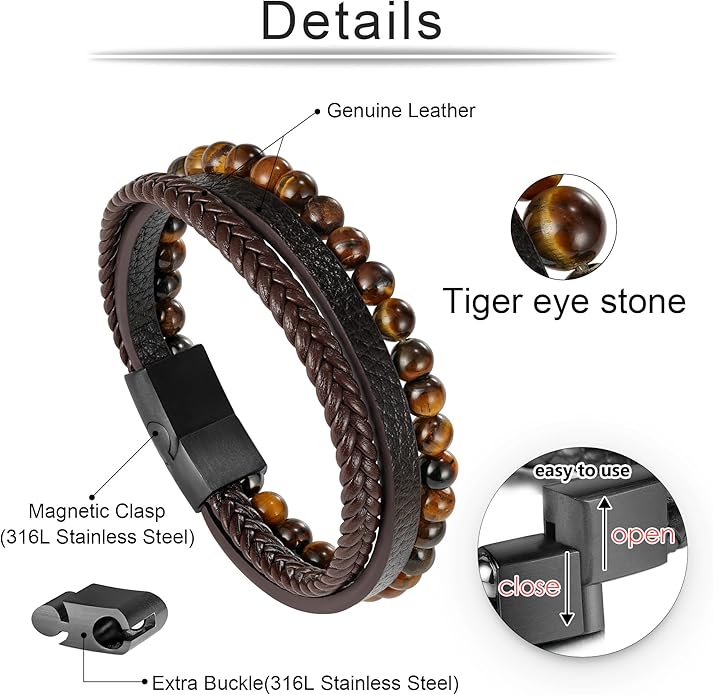 Gifts for Men - Layered Leather Beads Bracelet, Tiger Eye Lava Rock Stone Braided Leather Bracelets for Men Adjustable Magnetic Clasp Birthday Gifts