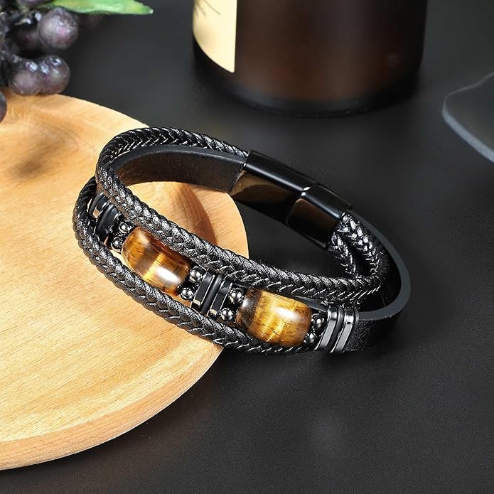 Tiger Eye Black Leather Bracelet Men Natural Tiger Eye Gemstone Crystal Stone Jewelry Handmade Courage And Stress Relief Protection Bracelet