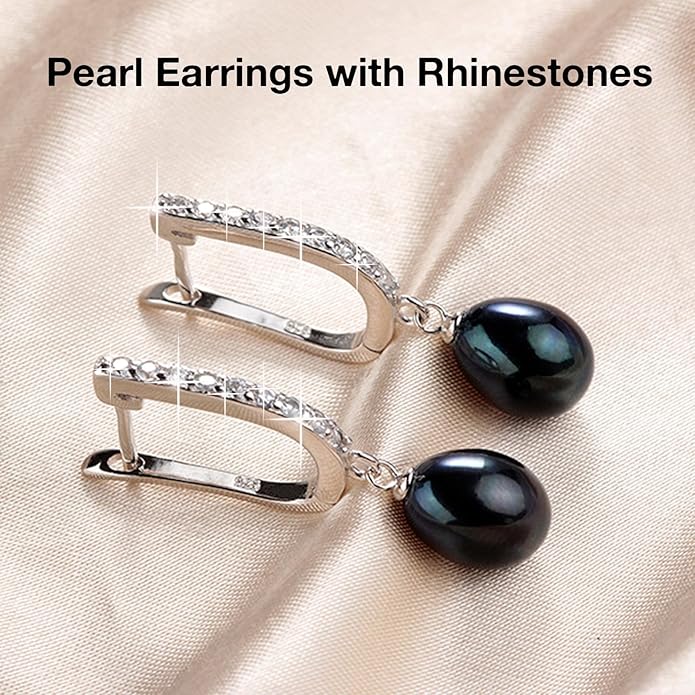 Pearl Jewelry Set For Women Pearl Pendant Necklace & Pearl Earrings with Sparkling Rhinestones 925 Sterling Silver Freshwater Pearl Drop Jewelry Set for Wedding Prom Gift