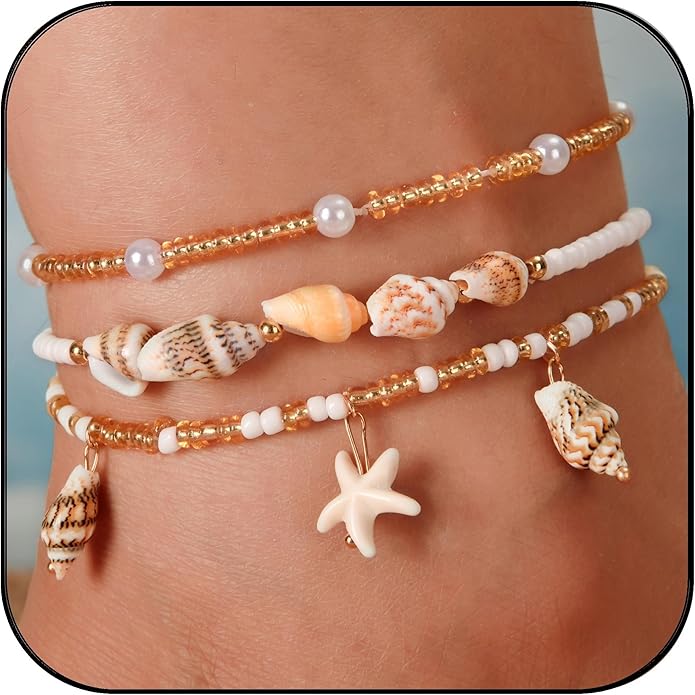 Bead Ankle Bracelets for Women Waterproof Adjustable Boho Shell Anklet Summer Beach Seashell Conch Foot Jewelry Accessories