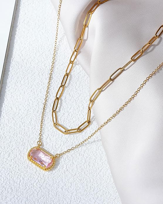 Lourny Gemstone Birthstone Pendant Layered Necklace for Women Trendy, 18K Gold Plated Paperclip Chain Preppy Choker Charm Necklace for Women Wife Jewelry