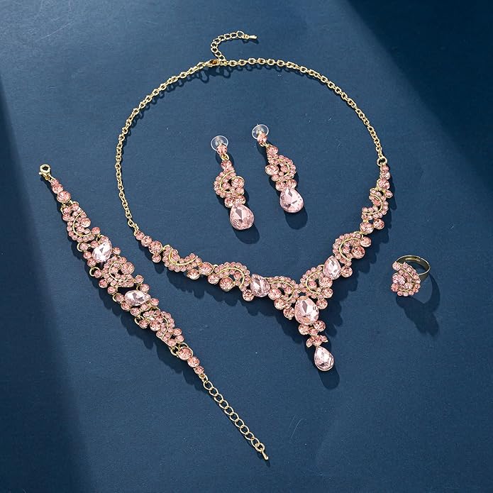 Paxuan Crystal Bridal Wedding Jewelry Sets for Women Rhinestone Teardrop Crystal Statement Choker Necklace Drop Earrings Link Bracelets Rings Teardrop Jewelry Set for Brides Bridesmaids