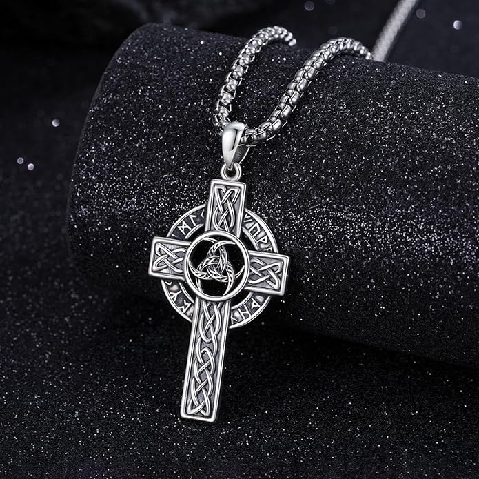 Midir&Etain Celtic Cross Necklace 925 Sterling Silver Cross Pendant Necklace Celtic Viking Irish Jewelry Religious Protective Gift for Men Women