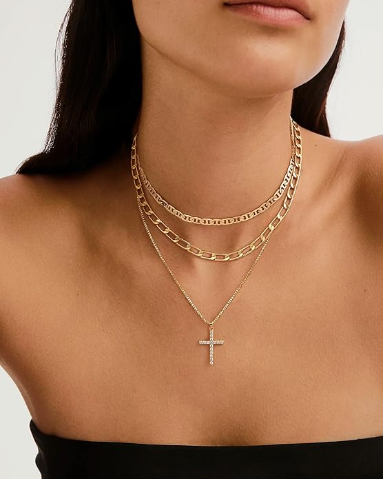 Layered Necklace for Women 14K Gold Plated Dainty Paperclip Herringbone Pearl Cross Pendant Necklace Stack，Layering Chain Cuban Figaro Rope Chain Choker Trendy Gold Jewelry Gift
