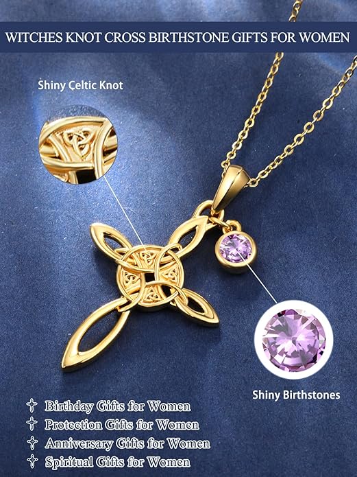 Witches Knot Necklace for Women, 14K Gold Celtic Knot Cross Jewelry with Triquetra Trinity with Birthstone Pendant, Birthday Witchy Spiritual Gifts for Her Wife Mom Grandma, 18+2 Inch Chain