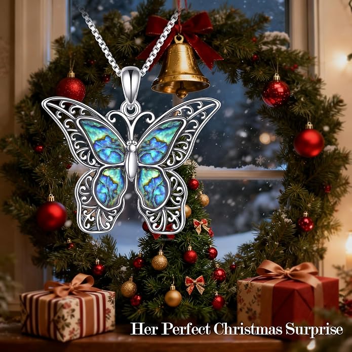 Abalone Filigree Butterfly Necklace Sterling Silver for Women, Mother of Pearl Jewelry Unique Vintage Gift for Christmas or Birthday