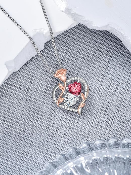 Christmas Gifts for Women Rose Heart Birthstone Pendant Necklace I Love You Forever Jewelry Valentine Mothers Day Birthday Gifts for Women Her Wife Girlfriend