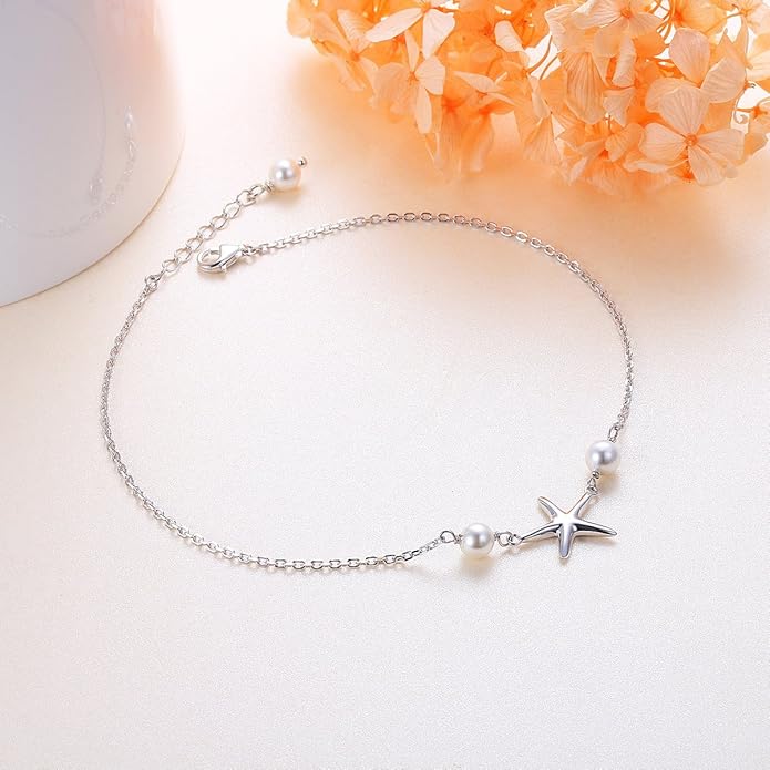 Anklet for Women S925 Sterling Silver Adjustable Foot Evil Eye Starfish Heart Bead Butterfly Celtic Knot Cross Multilayer Layered Ankle Bracelet Jewelry