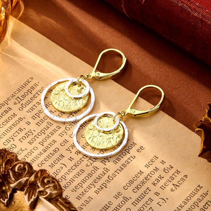 Sterling Silver Disc Leverback Earrings for Women Gold and Silver Circle Drop Dangle Earrings Jewelry Hypoallergenic Hammered Leverback Dangle Earrings for Gifts