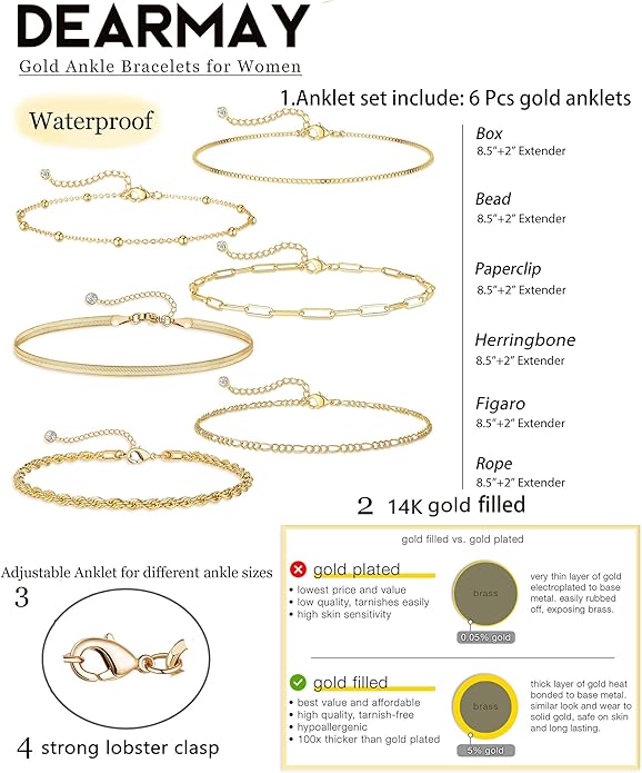 DEARMAY 14K Gold Plated Ankle Bracelets for Women Waterproof - Dainty 6Pcs Anklets Layered Cuban Link Chain Herringbone Cute Anklets Set Pack Summer Beach Jewelry Gift for Women Teen