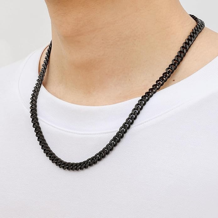 Fiusem Valentines Day Gifts for Him Silver Tone/Black/14K Gold Plated Chain Necklace for Men, 5mm/6mm/7.5mm/8mm/9mm Stainless Steel Cuban Link Chain Necklace, Men's Chains 18-28 Inch Jewelry Gifts