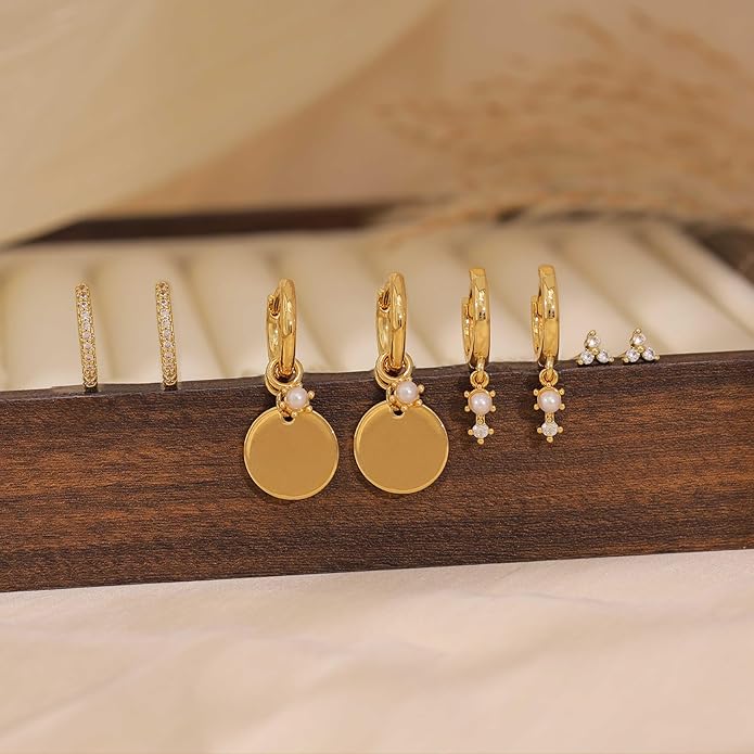 Gold Plated Earrings for Women, 14k Gold Plated Earring Stack Hypoallergenic Pearl Drop Earring Dainty Earrings for Women Trendy Cute Small Huggie Hoop Earring Fashion Womens Jewelry
