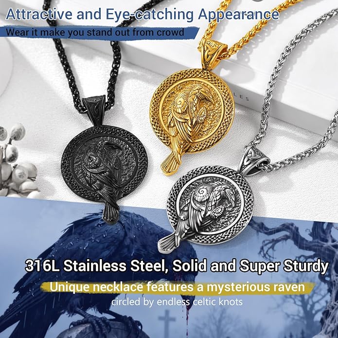 PROSTEEL Norse Viking Jewelry for Men Women, Vintage Thor Hammer/Thor Axe/Raven/Odin Necklace, 316L Stainless Steel Pendant Chain, Come with Box