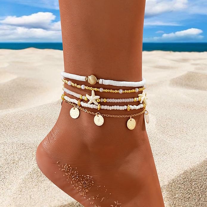 iF YOU Gold Ankle Bracelets for Women, 14k Gold Plated Waterproof Cuban Link Chain Anklets Set, Layered Anklet Bracelets for Women Beach Gift Adjustable Size 5pc
