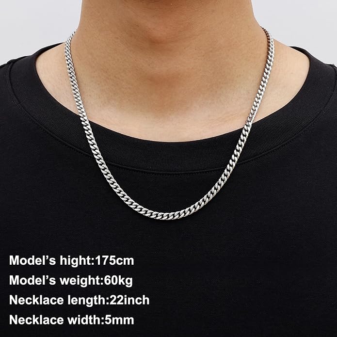 Fiusem Valentines Day Gifts for Him Silver Tone/Black/14K Gold Plated Chain Necklace for Men, 5mm/6mm/7.5mm/8mm/9mm Stainless Steel Cuban Link Chain Necklace, Men's Chains 18-28 Inch Jewelry Gifts
