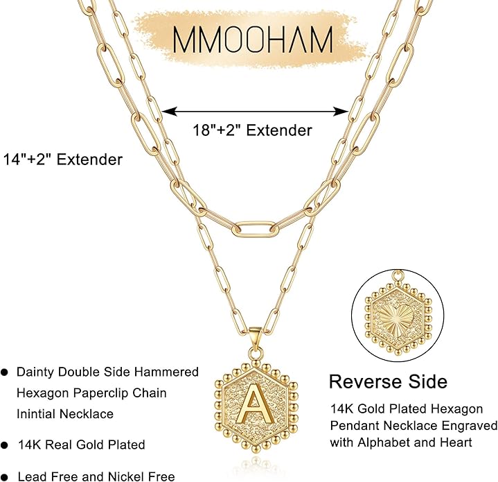 M MOOHAM Dainty Initial Necklaces for Women - Layering Necklace for Women Cute Hexagon Letter Initial Necklace Layered Necklaces for Womens Gifts