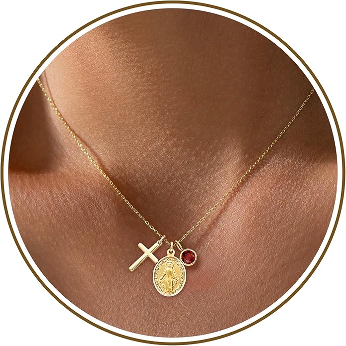 Gold Cross Necklaces for Women, 1-12 Birthstone Necklace Stocking Stuffers for Her Faith Confirmation Gifts for Teen Girls Virgin Mary Necklace Gifts for Christians Birthday Baptism Religious Jewelry