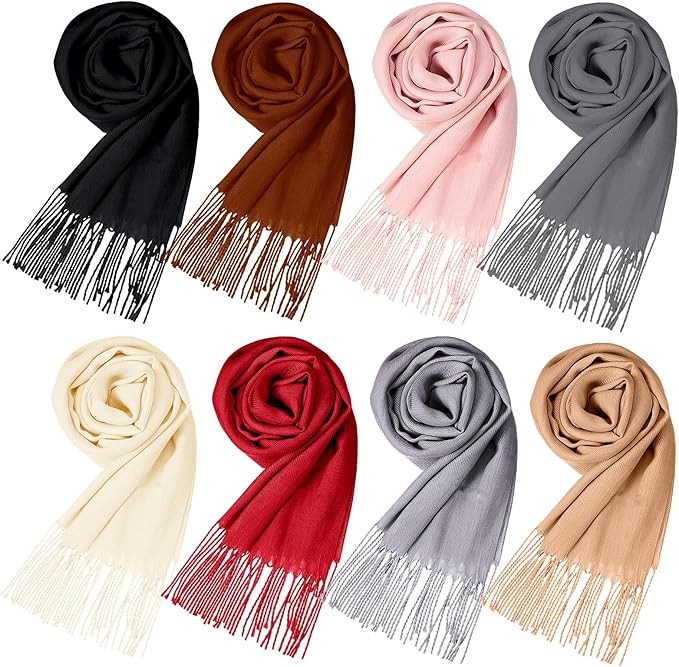 Suhine 8 Pcs Winter Scarves Bulk for Women Lightweight Blanket Scarf with Tassel Edge Pashmina Shawl for Women Men