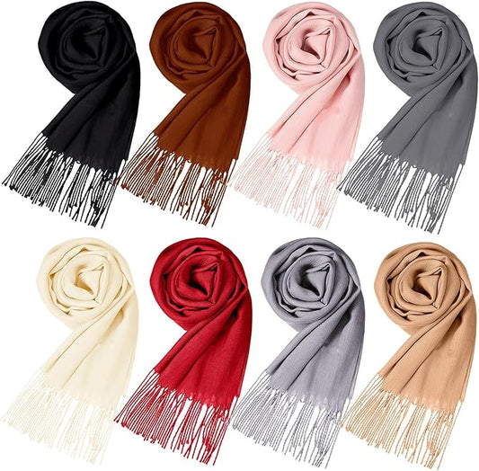 Suhine 8 Pcs Winter Scarves Bulk for Women Lightweight Blanket Scarf with Tassel Edge Pashmina Shawl for Women Men