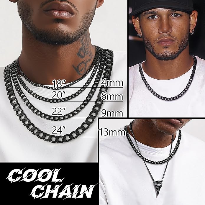 PROSTEEL 316L Stainless Steel Cuban Link Chain Necklaces for Men, Black/18K Gold Plated, Hypoallergenic Jewelry, 4mm-13mm, 14"-30", Come with Box
