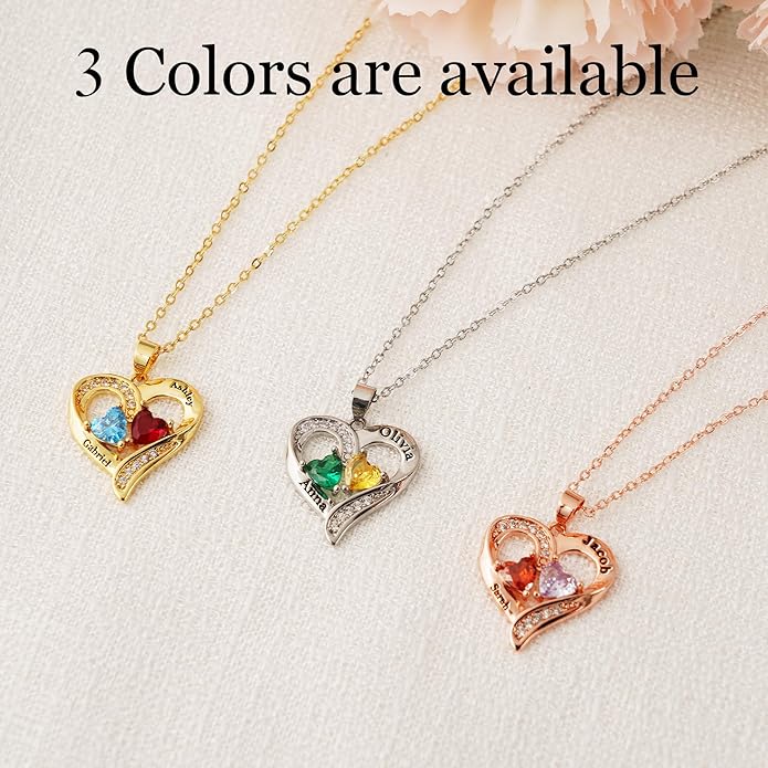 Easycosy Custom Name Necklace with Simulated Birthstones Customized Promise Necklace Heart Pendant with Engraved 2-6 Names - Anniversary Birthday Christmas Jewelry Gifts for Women Wife Mom Grandma