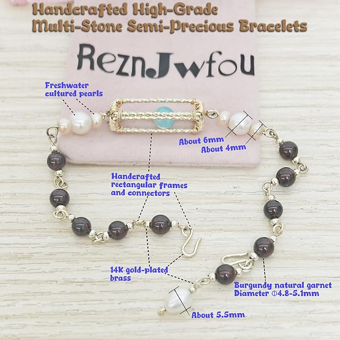 Fidget Bracelet for Anxiety with Rolling Lab Opal, Freshwater Pearl & Natural Garnet, Handmade 14K Gold-Plated Brass Chain, Dainty Fashion Jewelry (Adjustable Dual Hook)