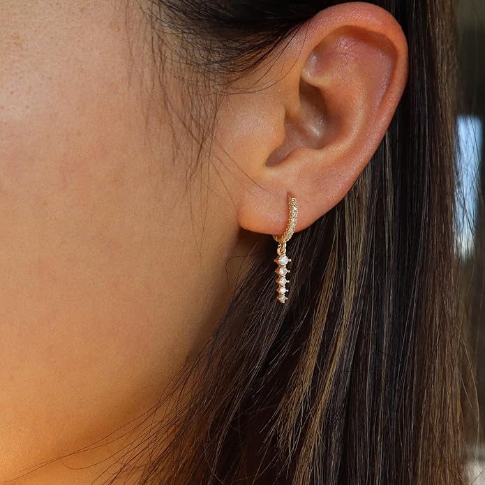 14K Gold Plated Dangle Earrings for Women - Dainty, Trendy, Hypoallergenic CZ Drop Earrings - Simple Long Dangling Jewelry