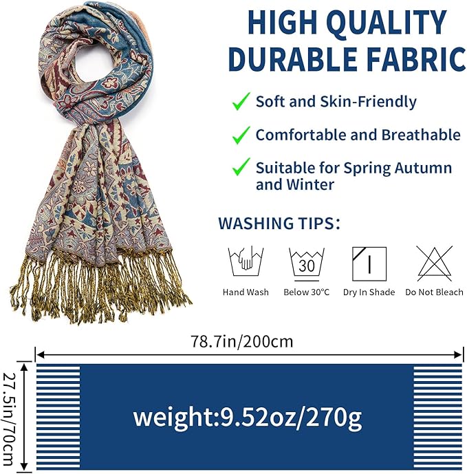 QIUTIMIY Paisley Pashmina Shawl Wrap Women Reversible Vintage Jacquard Pashmina Rave Scarf with Fringe for Evening, Wedding