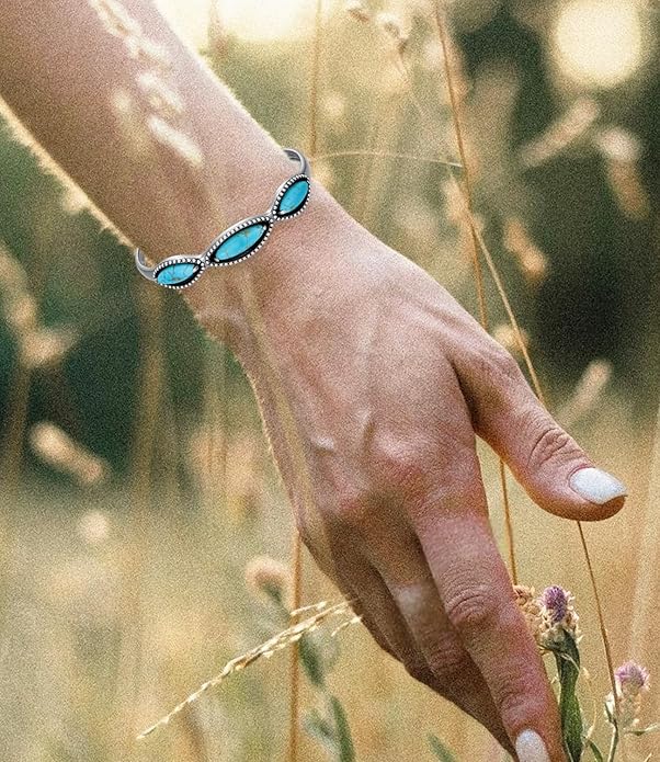 Genuine 3 Turquoise Stones Boho Bracelet, Sterling Silver Adjustable Bangle Cuff Native American Gemstones Jewelry, Fit for 6.5 7 7.5 Inches