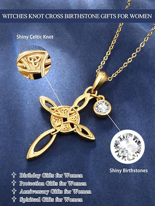 Witches Knot Necklace for Women, 14K Gold Celtic Knot Cross Jewelry with Triquetra Trinity with Birthstone Pendant, Birthday Witchy Spiritual Gifts for Her Wife Mom Grandma, 18+2 Inch Chain