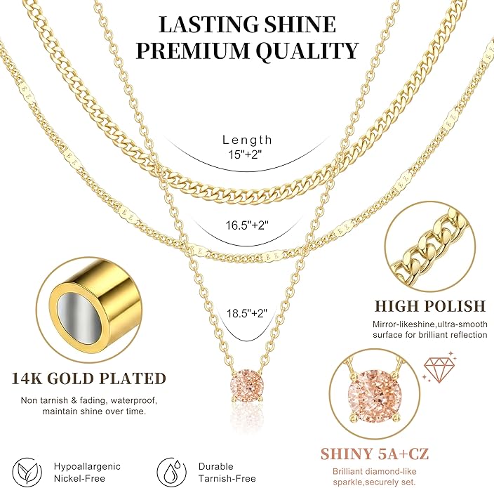 WomenGifts Layered Gold Necklaces for Women, 14K Gold Sterling Silver Plated Dainty Pendant Necklace Set with Cubic Zirconia Circle, Chunky Stackable Cuban Chain Choker, Trendy Personalized Birthstone Jewelry Gift Non Tarnish