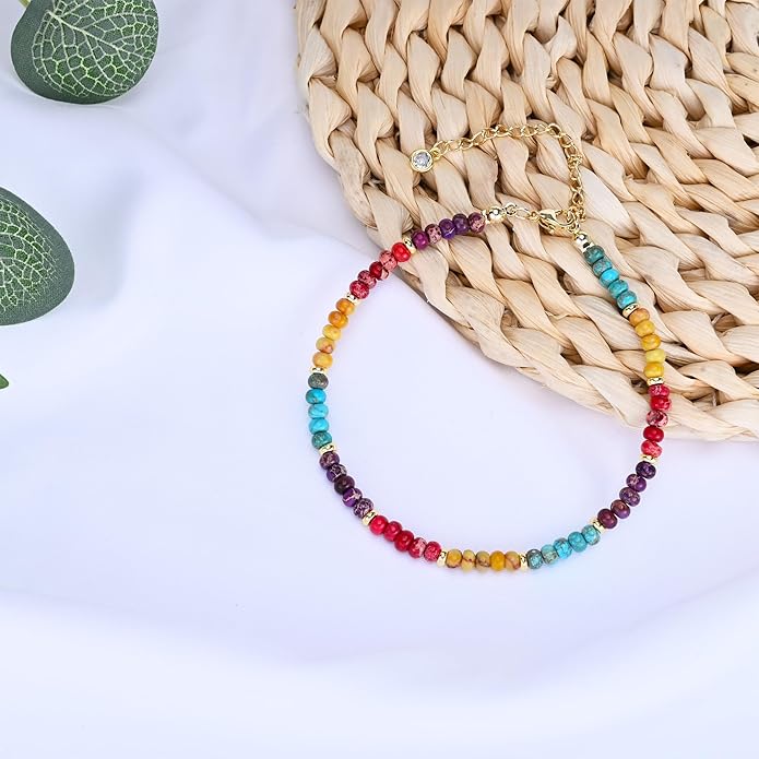 Natural Stone Beaded Anklets Bracelets for Women Handmade Beaded Anklet Bracelet Waterproof Boho Beads Ankle Bracelet Adjustable Summer Jewelry