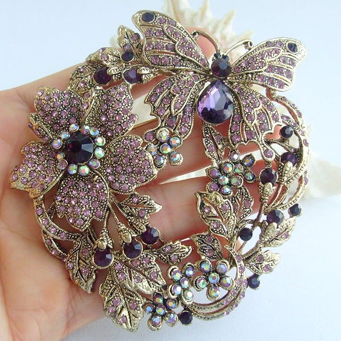 Art Style 3.54" Butterfly Flower Brooch Pin Pendant Rhinestone Crystal BZ4489