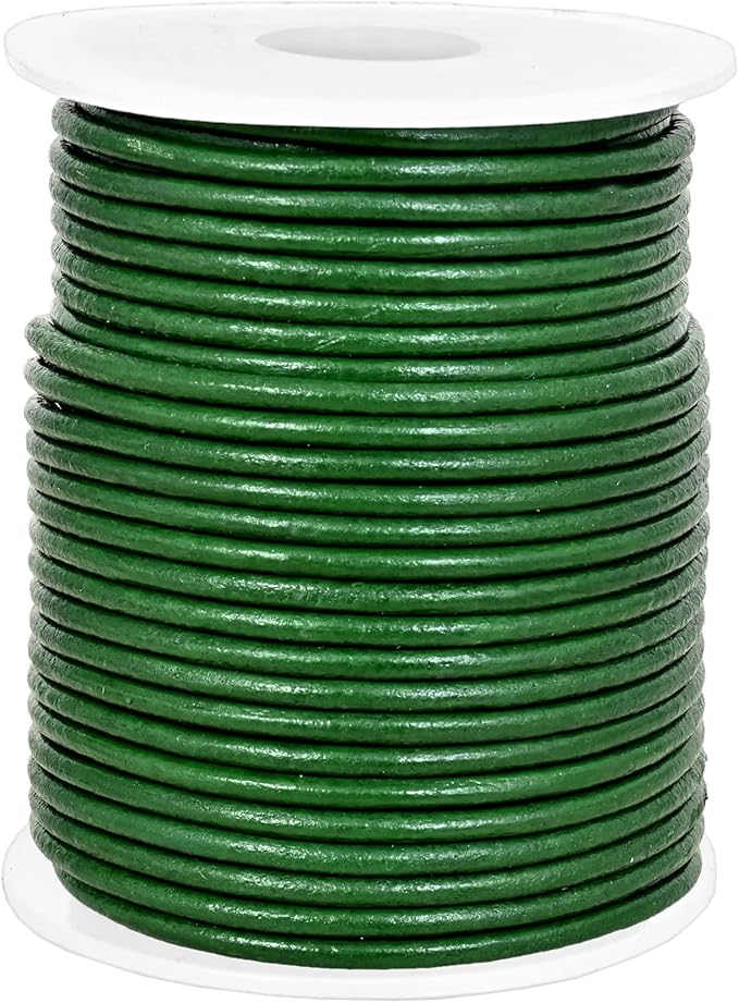 GENIQUE Real/Genuine Round Leather String Cord for Necklace, Bracelets, Jewelry, Kumihimo Braiding, DIY Projects (20 Metres) (2mm, Green)