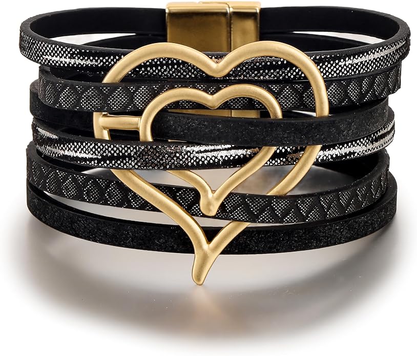 Edoneery Leather Wrap Bracelet for Women, Boho Handmade Multi-Layer Cuff with Crystal Beads Heart, Stackable Bangle Western Jewelry Gift