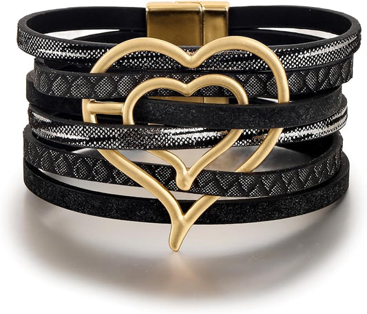 Edoneery Leather Wrap Bracelet for Women, Boho Handmade Multi-Layer Cuff with Crystal Beads Heart, Stackable Bangle Western Jewelry Gift