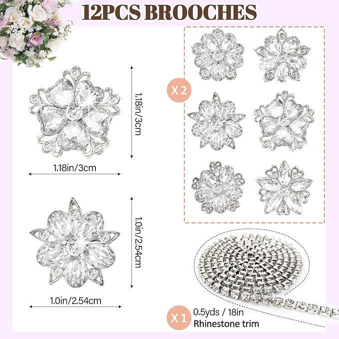 Yhsheen Rhinestone Brooches Bouquet Pins Corsage Crystal Brooch Diamond Pins kits for Wedding Accessories Jewelry Decoration DIY Craft Sewing(Sliver)