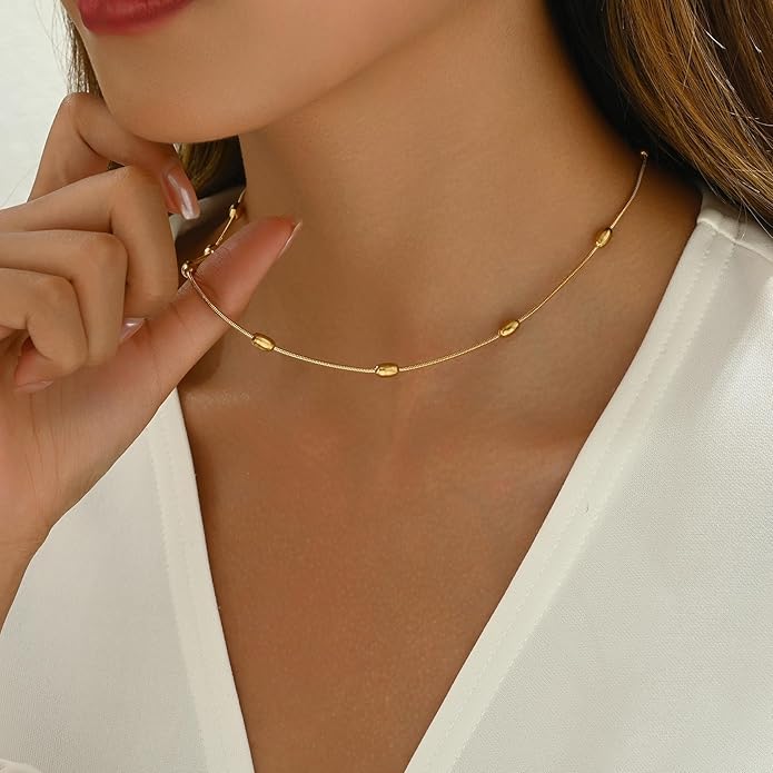 Gold Chain Necklace for Women Dainty 18K Gold Plated Thin Satellite Beaded Turquoise Necklace Simple Gold Boho Jewelry